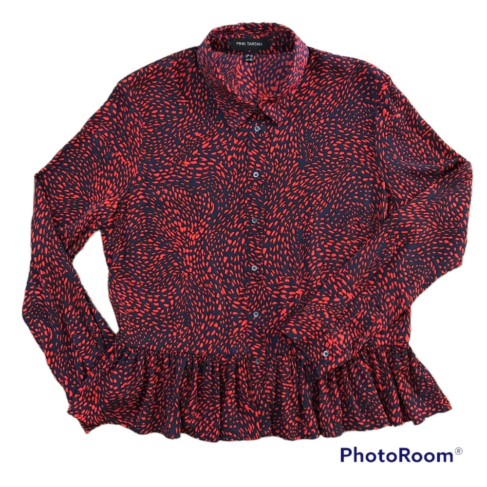 Pink Tartan Button-Up Stretch Silk Blouse Size 12 in Abstract Dot Print